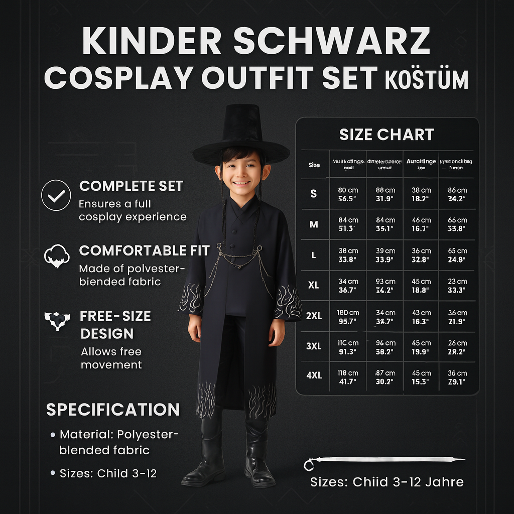 Kinder schwarzes Cosplay-Outfit-Set Kostüm