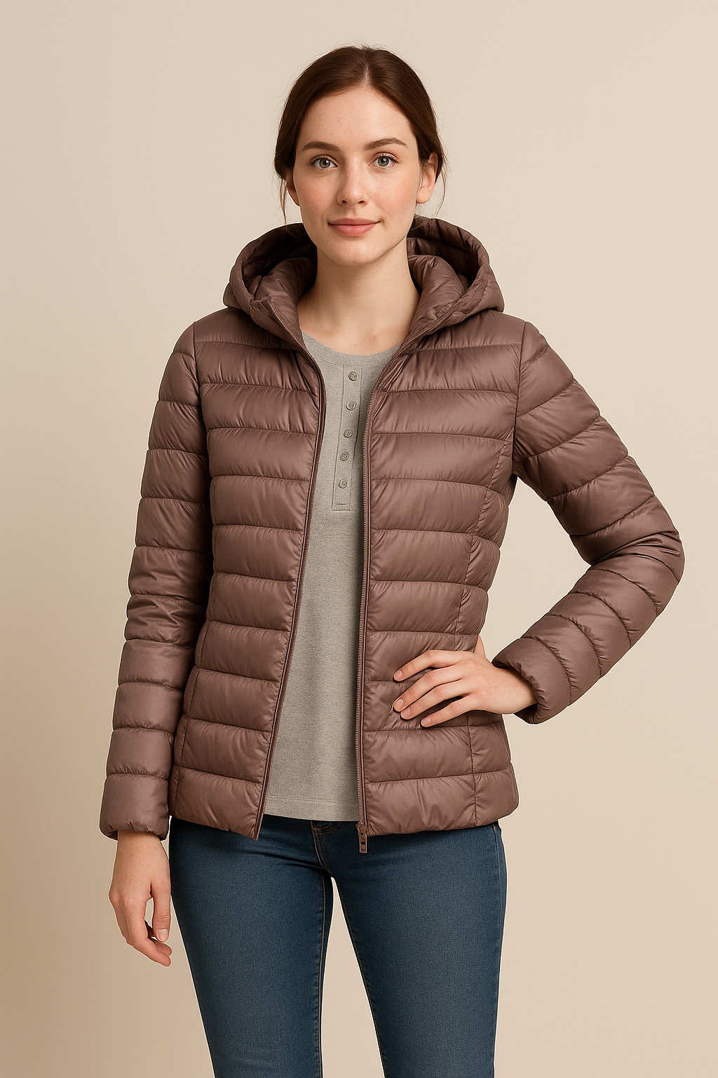 Damen Tailored Stepp-Daunenjacke mit Kapuze – Hüftlanger Leichtgewicht-Design