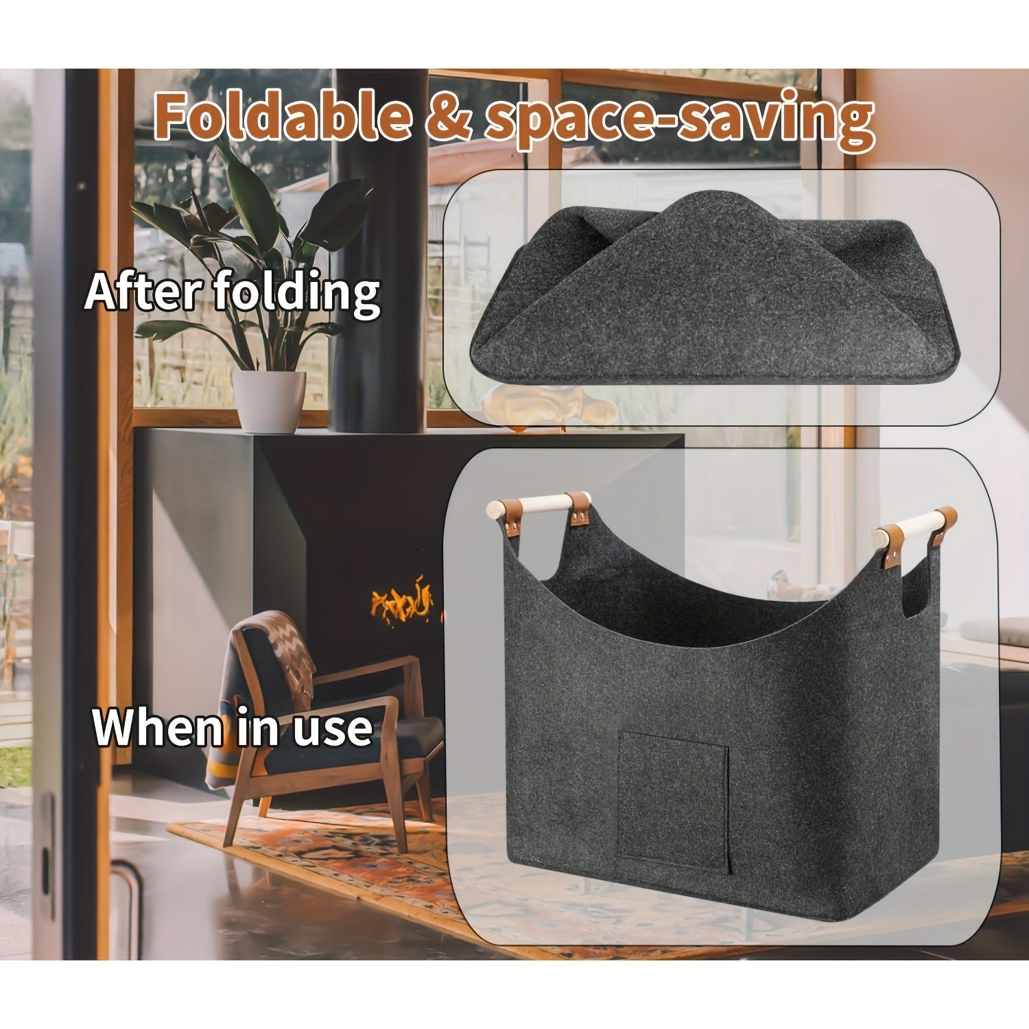Filz-Kaminholzkorb FELDURA | Faltbar | 55L Volumen | Mit Holzgriffen & Lederdetails | Dunkelgrau