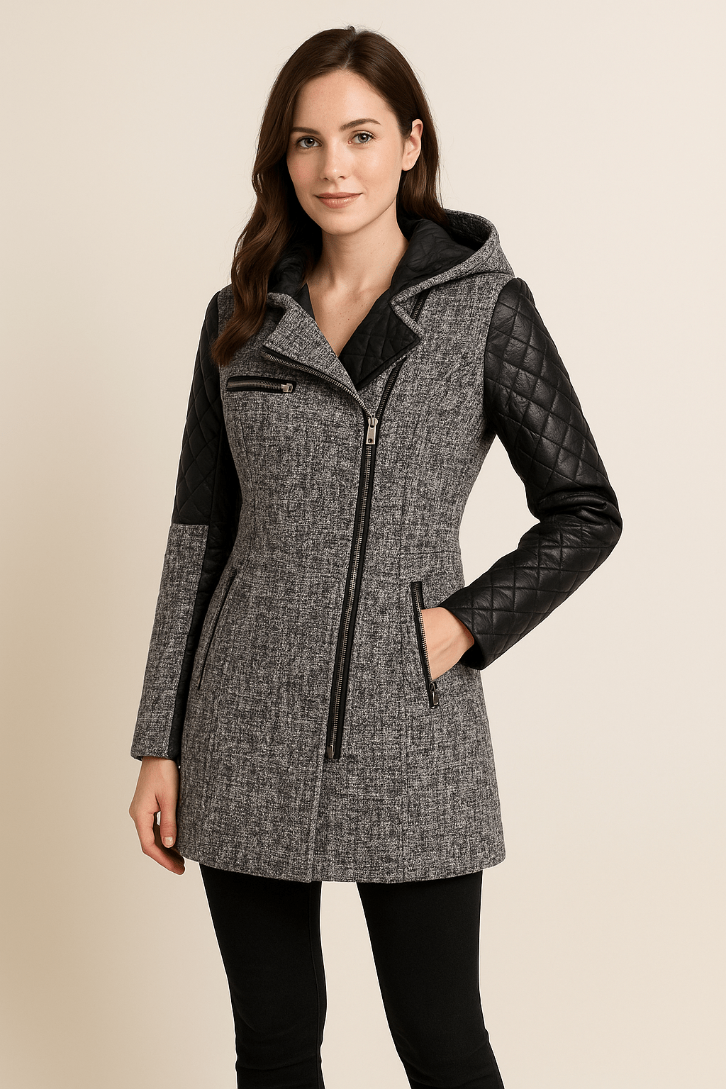 Damen Taillierte Jacke mit Steppärmeln und Asymmetrischem Reißverschluss mit Kapuze