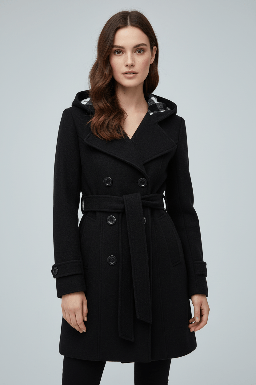 Damen Doppeltknopf-Hoodie-Mantel mit Gürtelschnitt