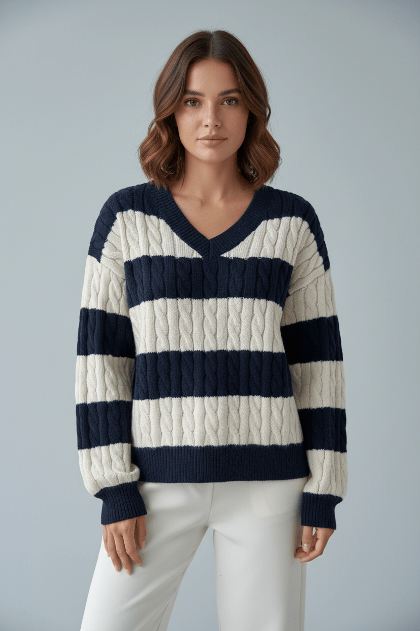 Oversized V-Ausschnitt Pullover mit Kabelstrick und gestreiften Details für Damen