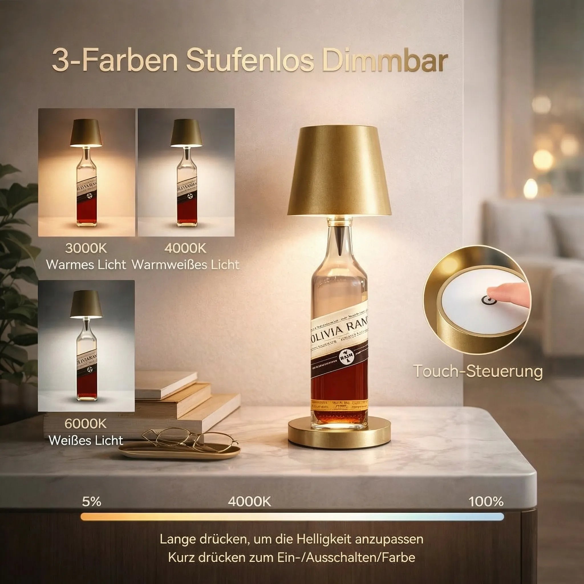 Flaschenlicht | Flasche als Tischlampe | Wiederaufladbare Tischleuchte | Flaschenverschluss | LumiBottle