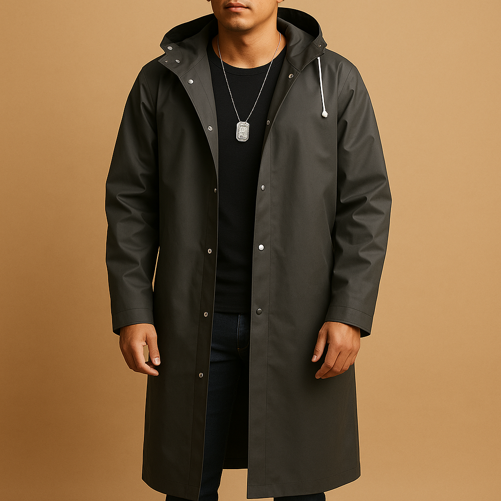 Herren langer wasserdichter Regenmantel mit Kapuze - Gefütterte Outdoor-Jacke