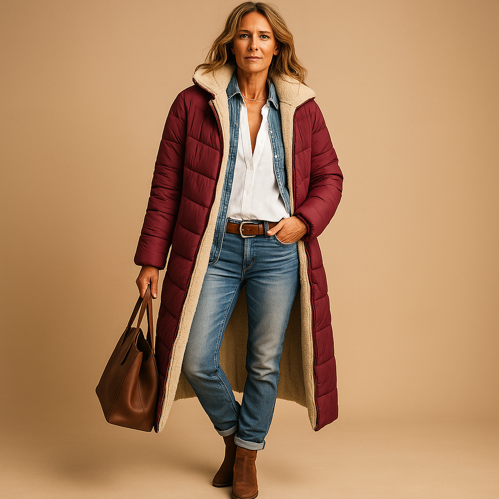 Damen langer gepolsterter Mantel – Steppdesign & Winterwärme