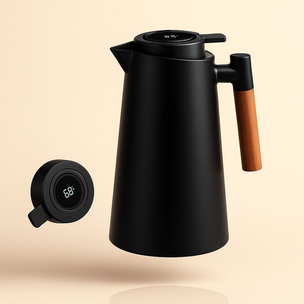 Thermokaraffe mit Temperaturanzeige | Isolierkanne 1 Liter für Kaffee & Tee | Heatina