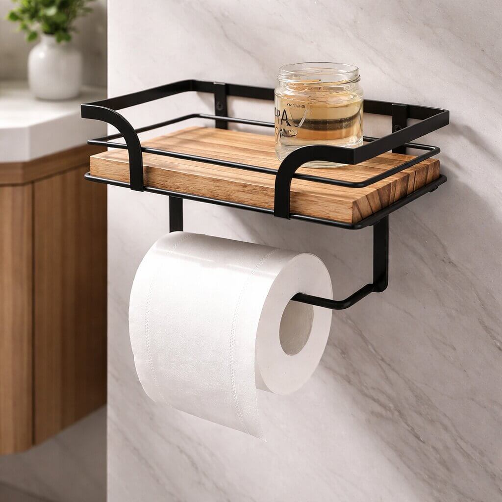 Wandregal mit Toilettenpapierhalter für Badezimmer & WC | Badezimmerregal aus Metall & Holz | Nordvero