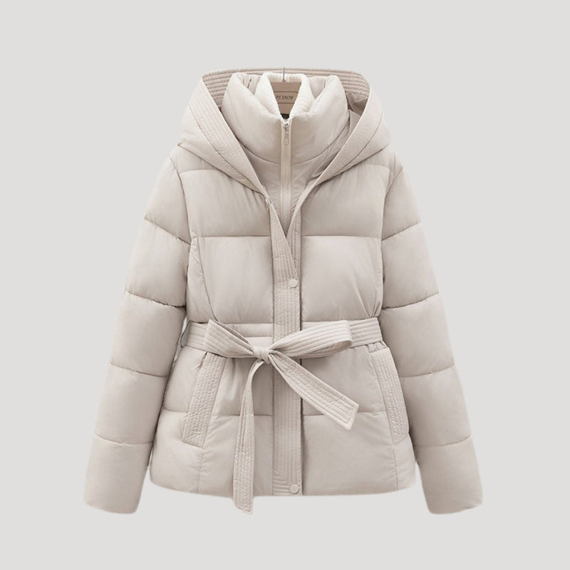 Damen Kurze Pufferjacke | Gurtgepufferte Jacke mit Kapuze