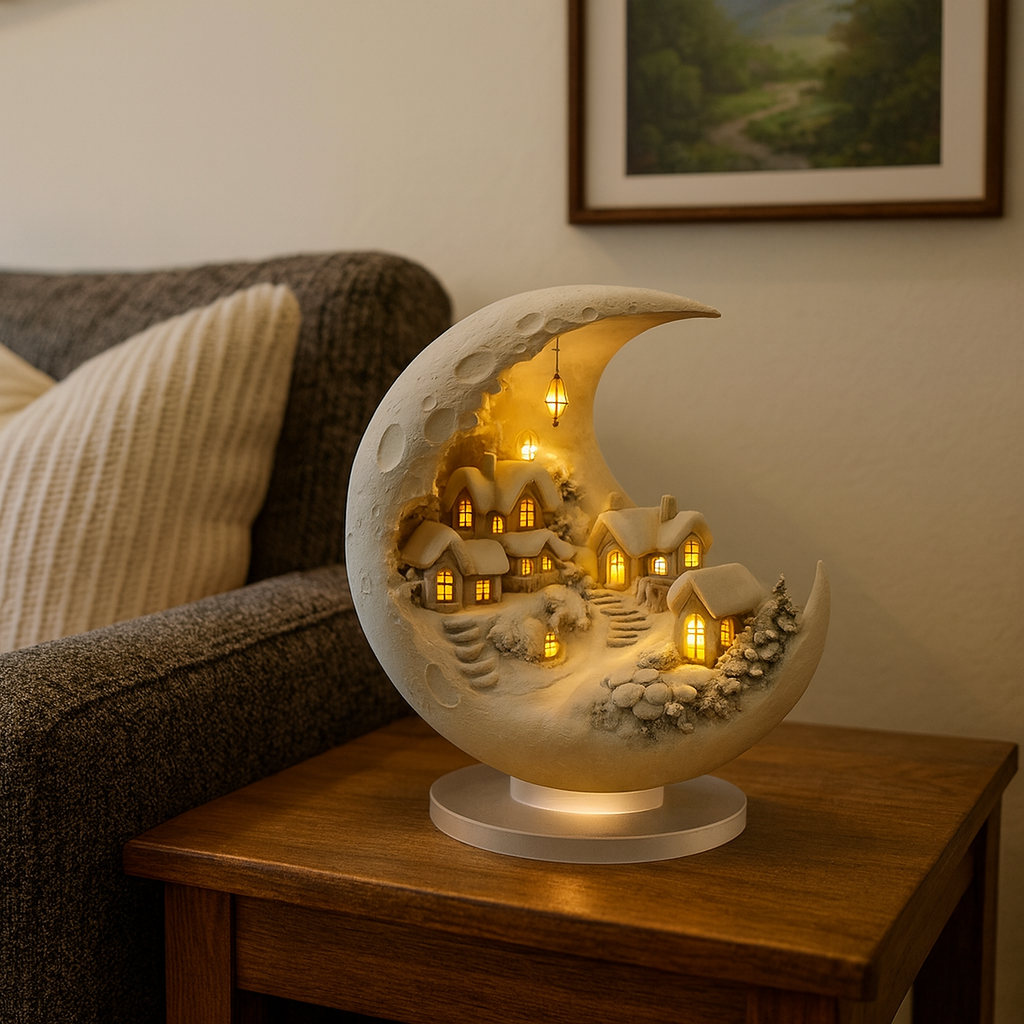 Dekorative Lampe Mond Acryl Beleuchtung Winterdorf Tischfigur