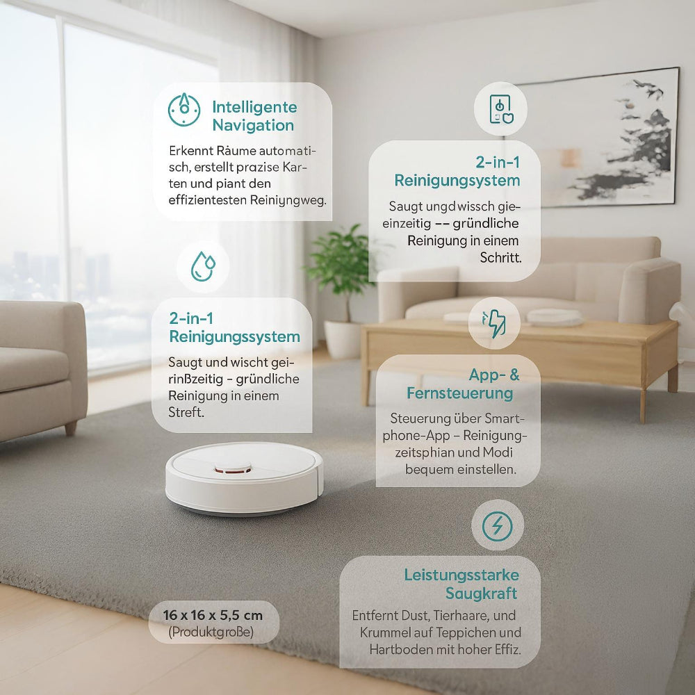 Roboter-Staubsauger mit Wischfunktion, 2-in-1 Reinigungssystem