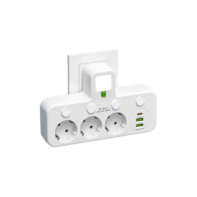 Mehrfachsteckdose VOLTRIQ ProLine | 3–4 Steckplätze + 2× USB & 1× Typ-C | 2500 W | Überspannungsschutz & Kontrollschalter