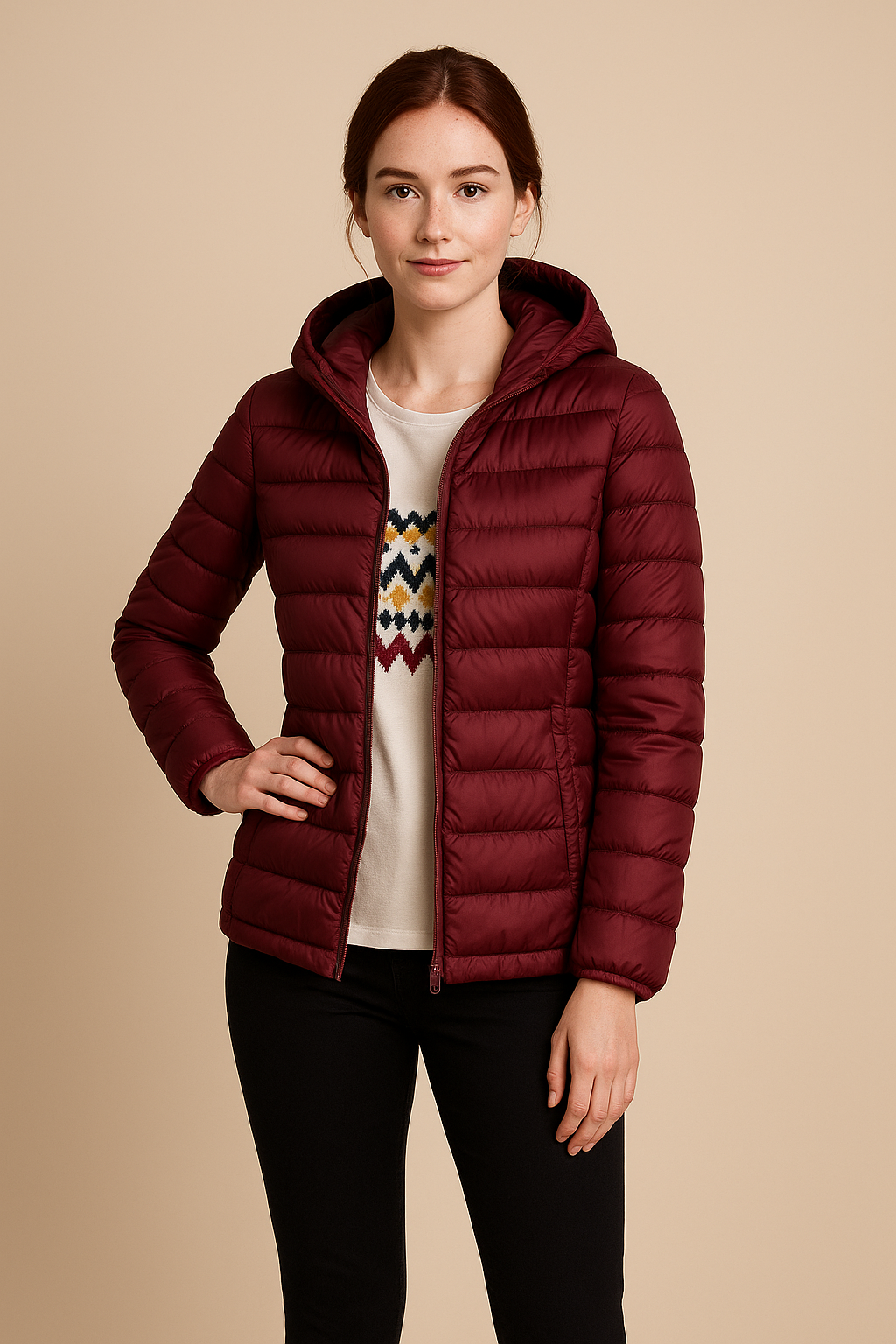 Damen Tailored Stepp-Daunenjacke mit Kapuze – Hüftlanger Leichtgewicht-Design