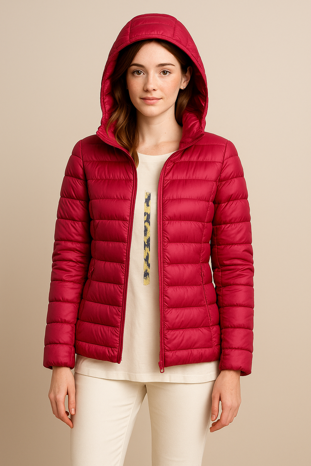 Damen Tailored Stepp-Daunenjacke mit Kapuze – Hüftlanger Leichtgewicht-Design