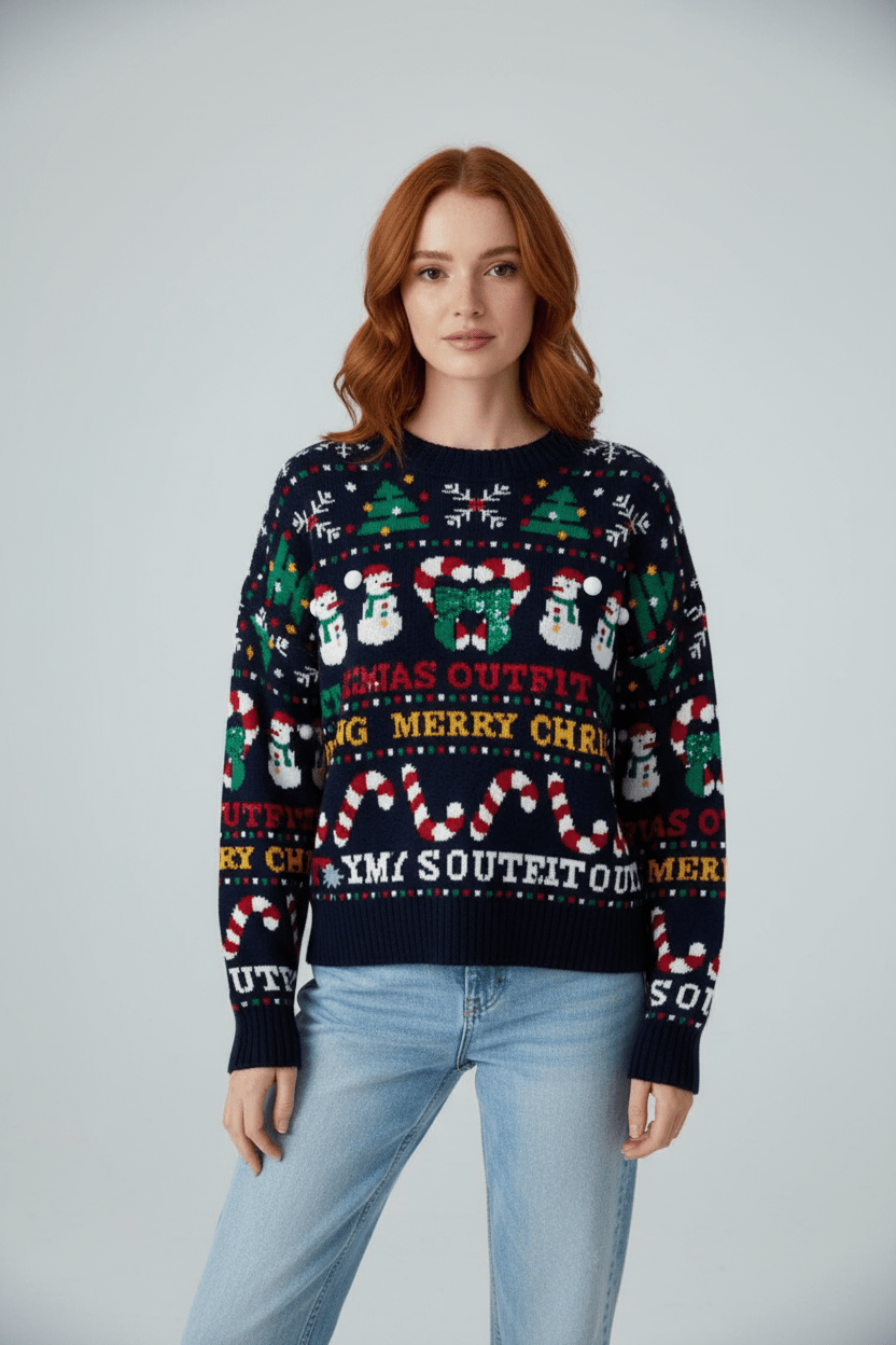 Damen Cropped Jacquard Strickpullover mit festlichem Grafikdesign