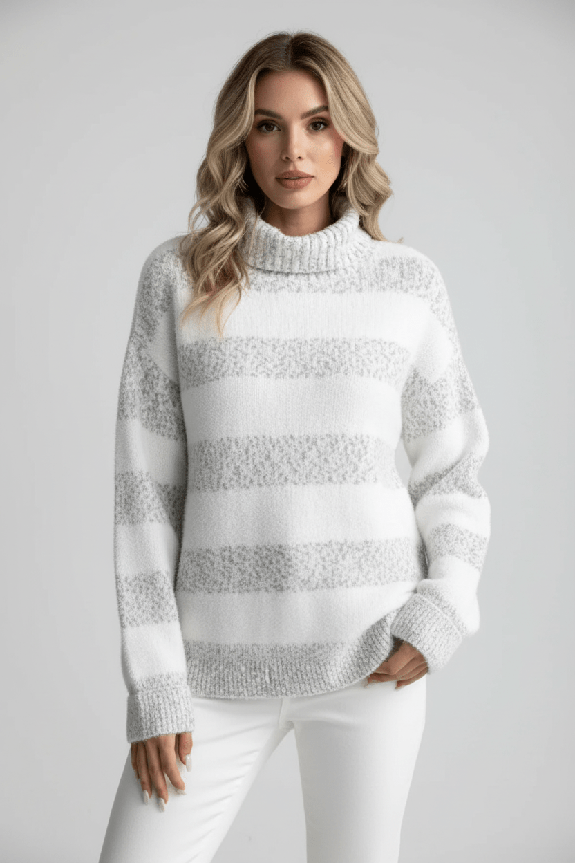 Damen Plüsch Strickpullover mit geripptem Rollkragen und gestreifter Textur
