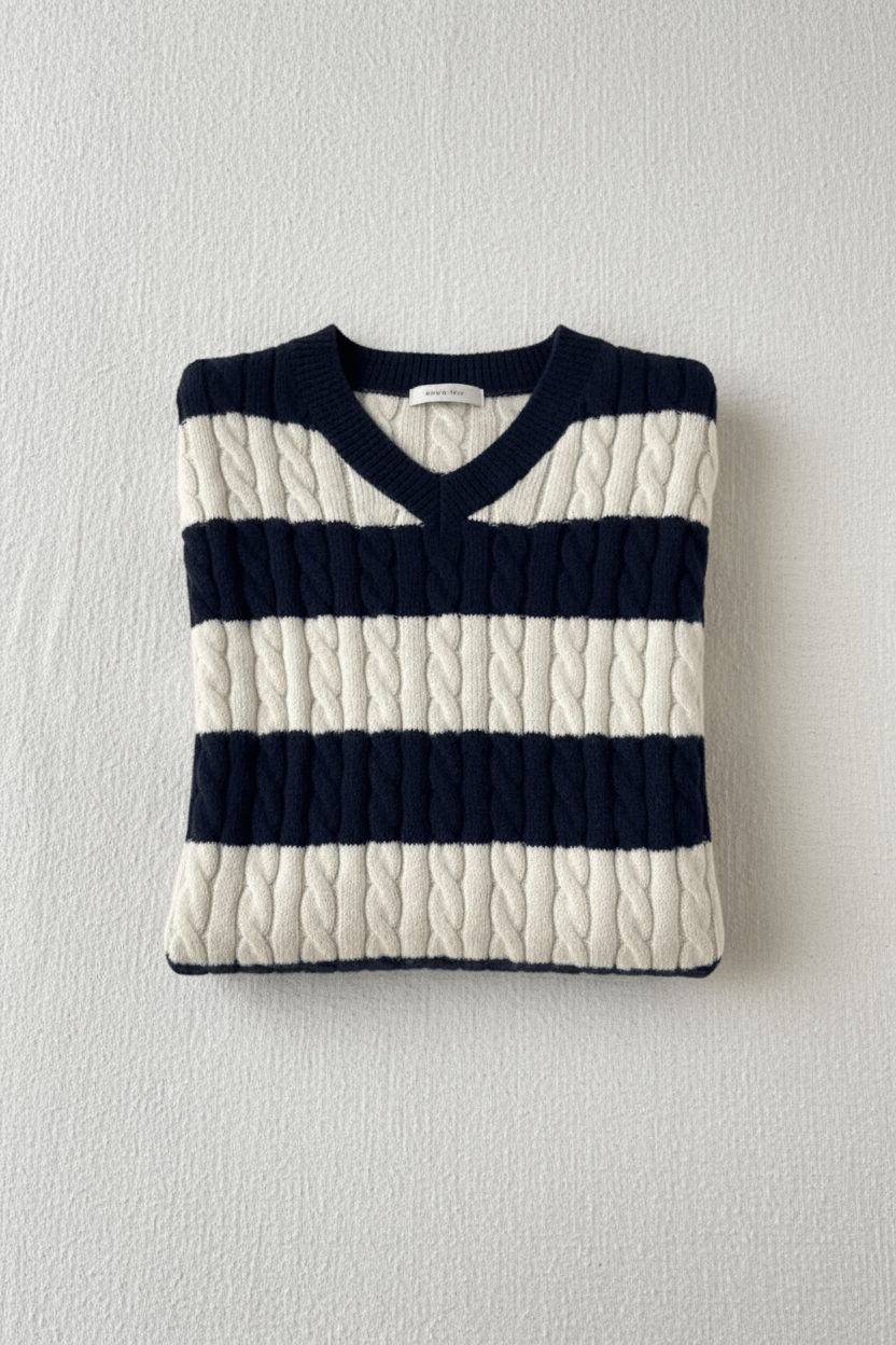 Oversized V-Ausschnitt Pullover mit Kabelstrick und gestreiften Details für Damen