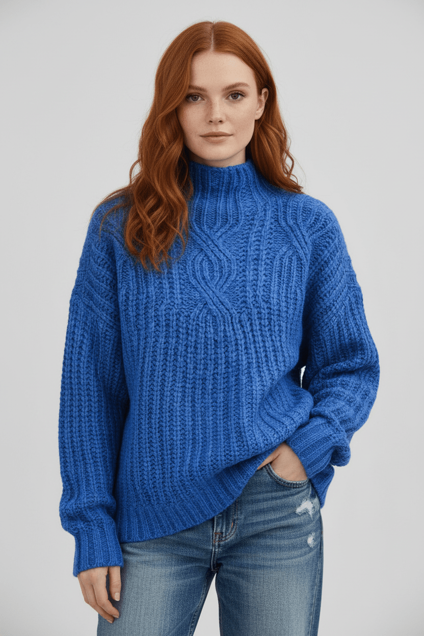 Damen-Kabelstrick-Pullover mit hohem Kragen