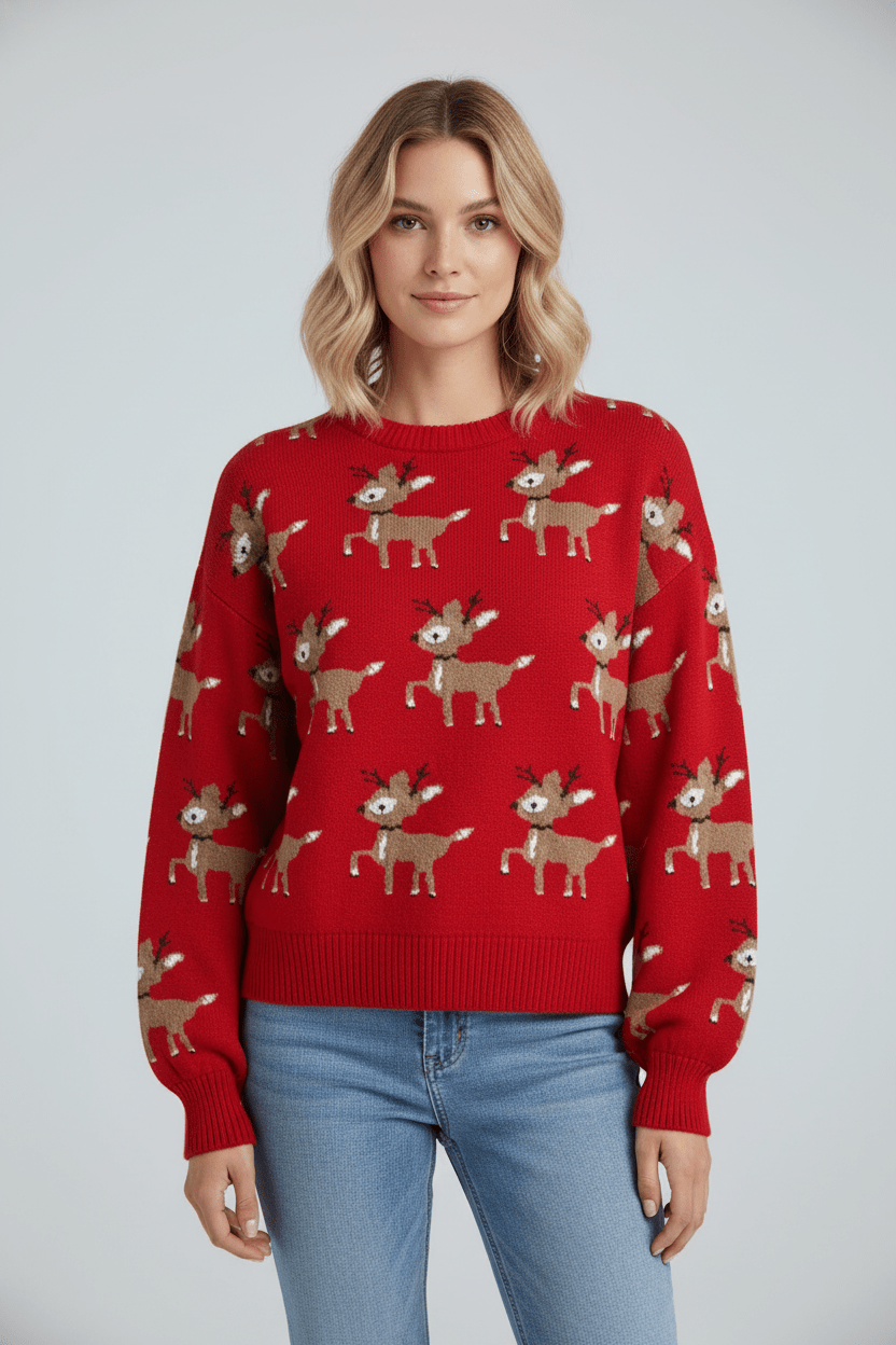 Damen Oversized Jacquard Strickpullover mit Hirschmuster