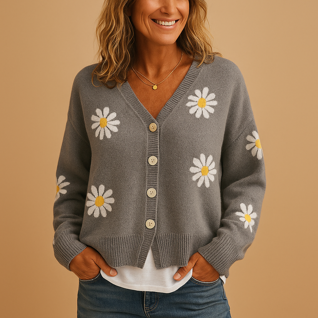 Damen Strickjacke mit Knöpfen – Florales Muster und Gemütlichkeit