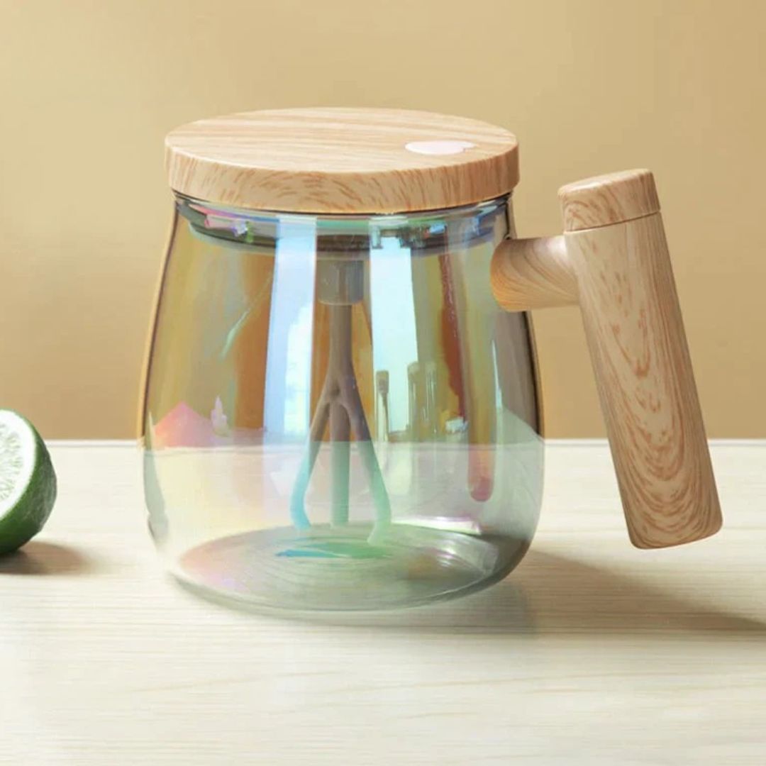 Automatische Kaffeetasse | Selbstumrührende Teetasse mit Holzgriff | RuhrTasse