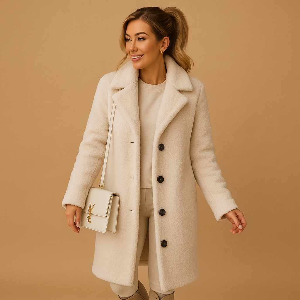 Beiger langer Teddy-Mantel für Damen – Oversized Winterjacke für Frauen