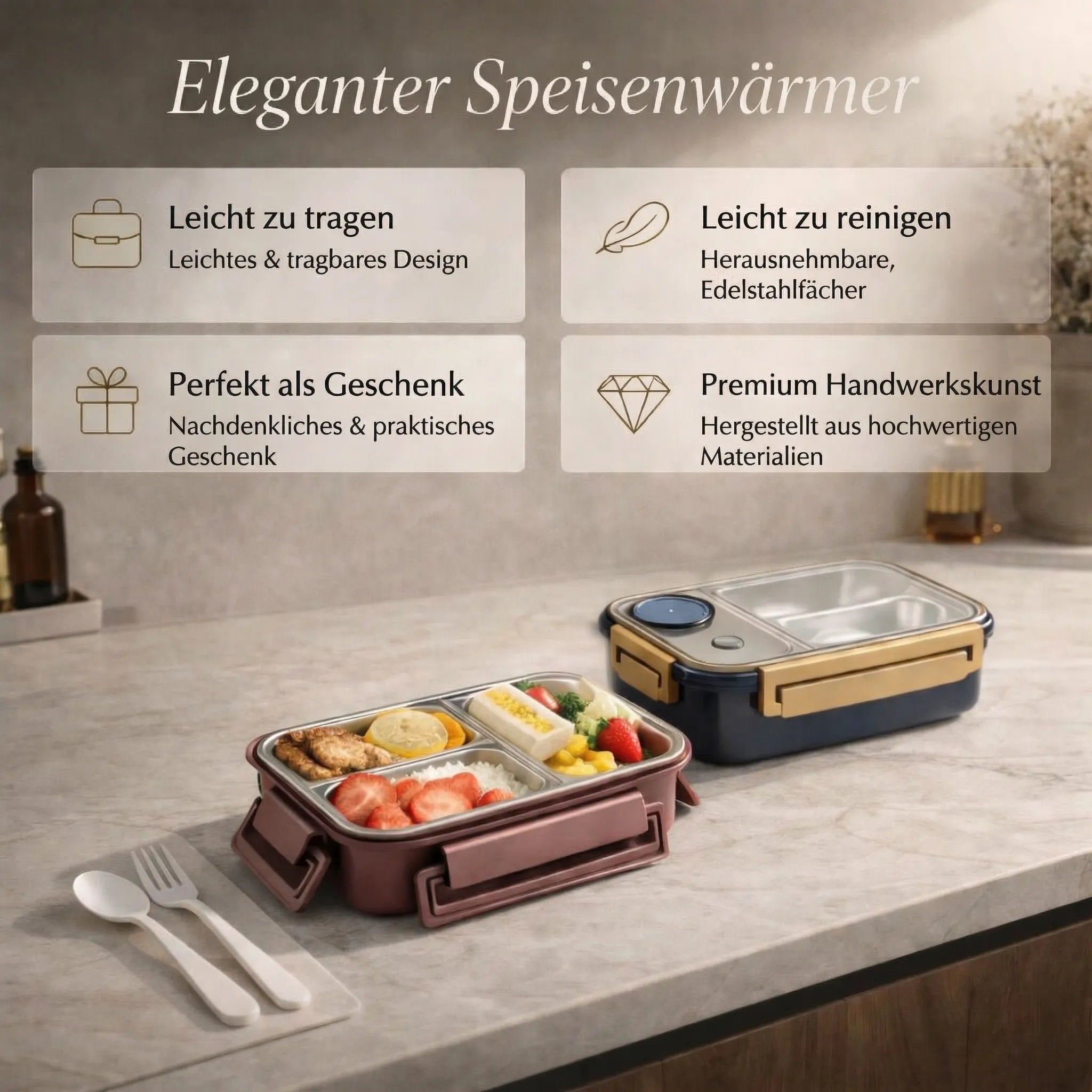 Mittagessen Box | Thermosbehälter für Essen | Lunch Box mit Fächern aus Edelstahl | Wärmebehälter | Esskraft