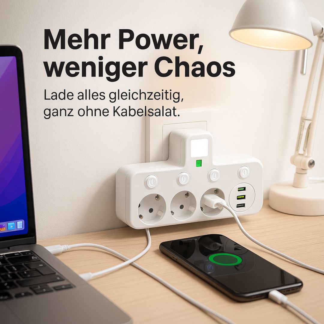 Steckdosenleiste mit 3 Anschlüssen | Mehrfachsteckdose mit USB & Schalter | PowerGrid