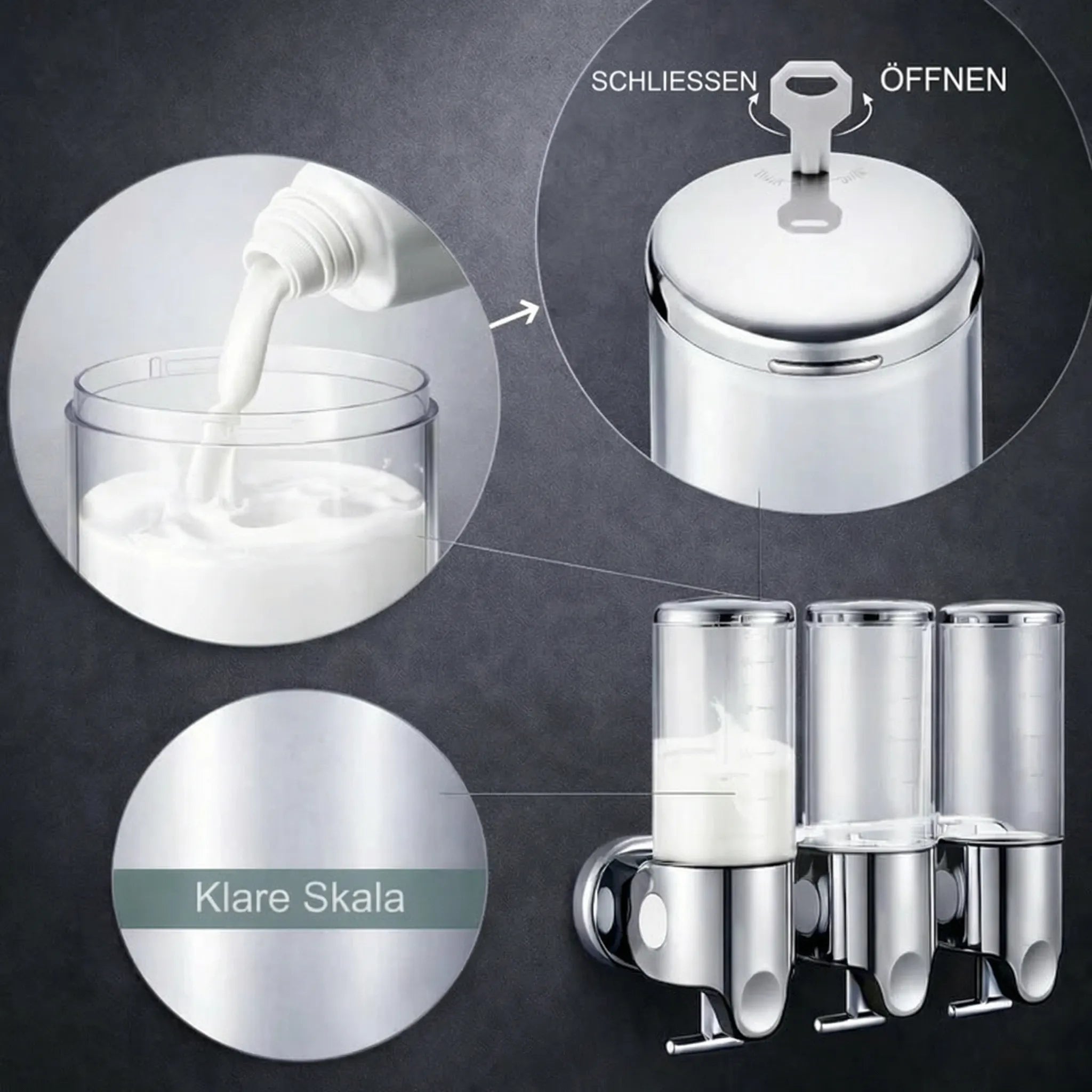 Wandmontierter Seifenspender | Spülmittelspender Set | Schwarz, Silber & Transparent | SoapFlow