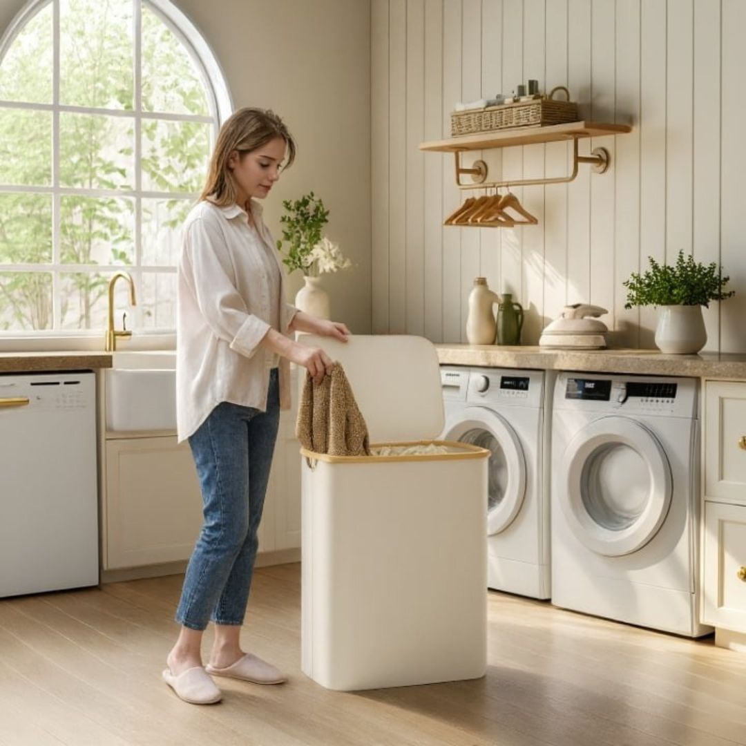 Wäschekorb mit Deckel | Wäsche Sammler mit 3 Fächern in Schwarz, Beige & Grau | LaundryBox